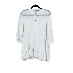 Womens White 100% Linen Tiered Sheer Top Tunic Italy Medium Coastal Euro Summer